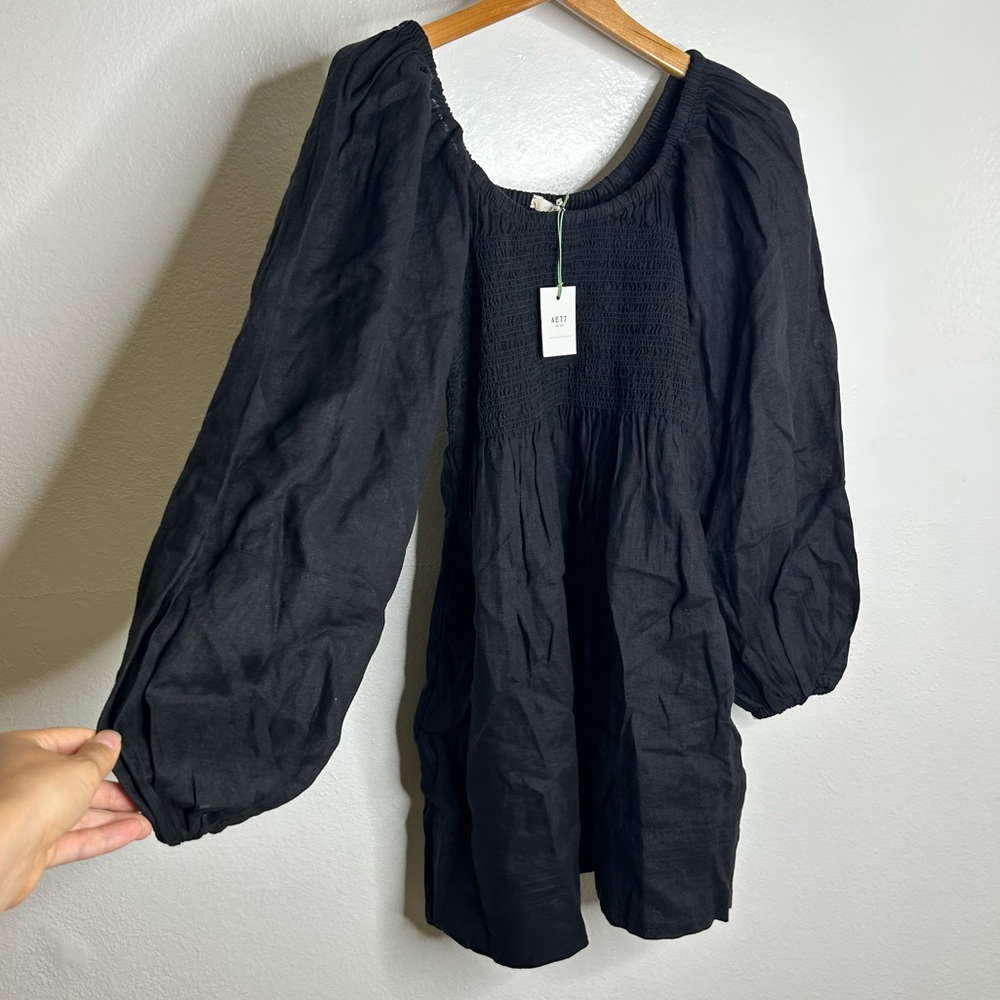 NWT 100% Linen Black Smocked Balloon Sleeve Dress AE77 Size XS